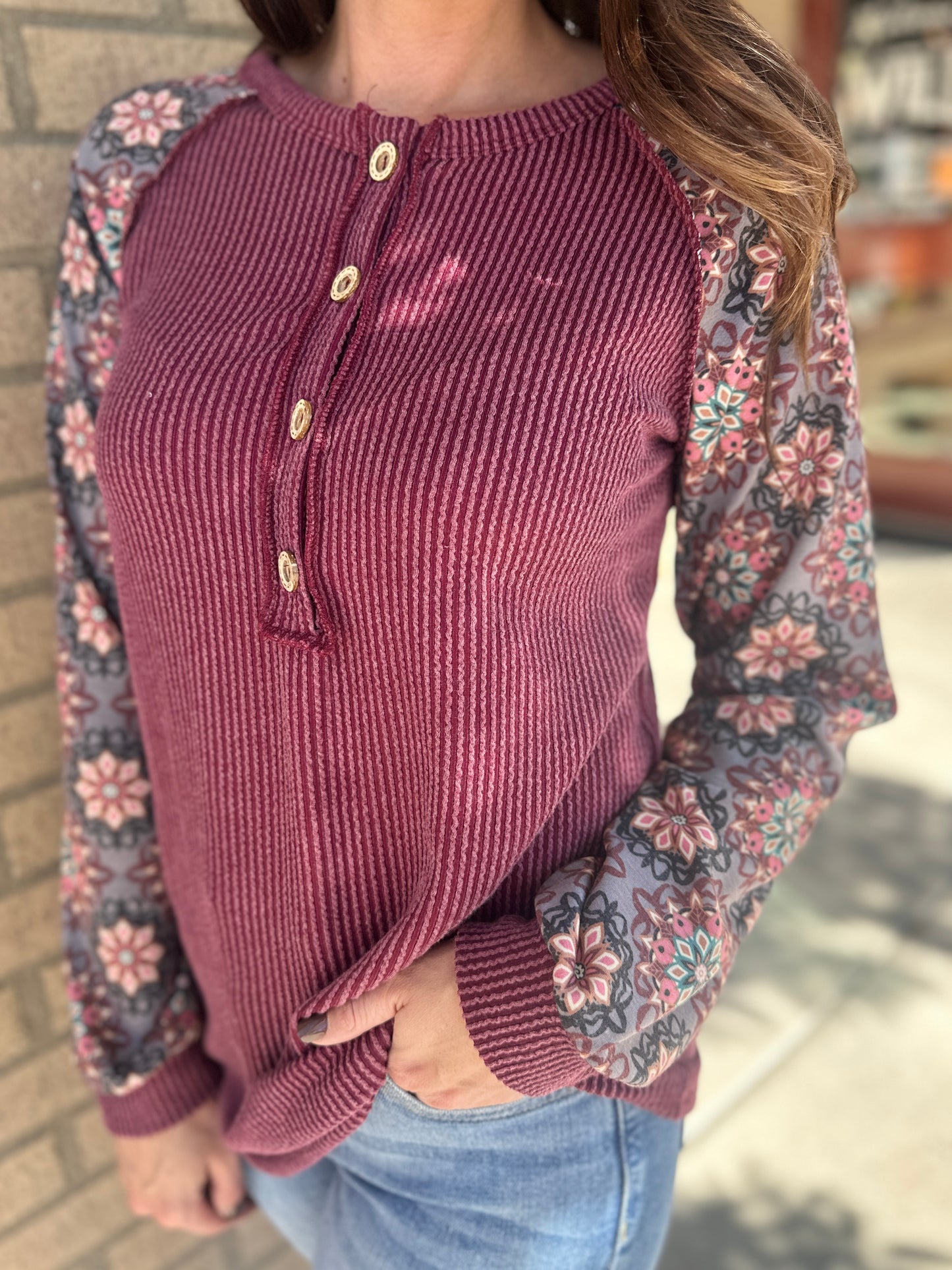 Ribbed Knit & Floral Long Sleeve