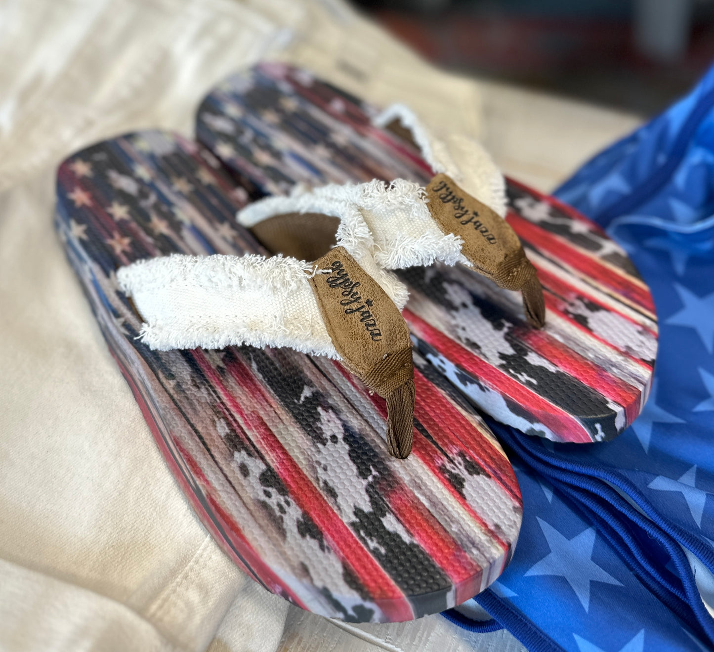 Red, White, Blue Fringe Flip Flops