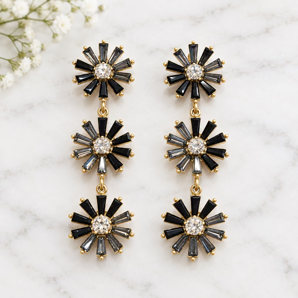 Black Diamond Flower Earrings