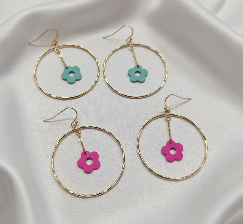 Gold Hoop with Enamel Flower