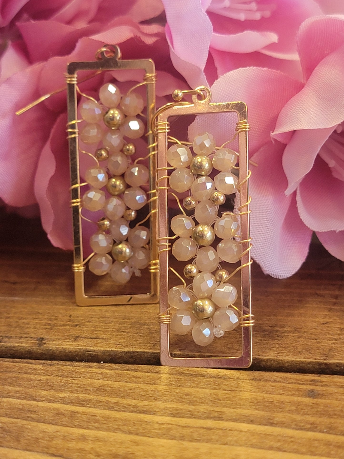 Crystal Flower Open Rectangle Earrings