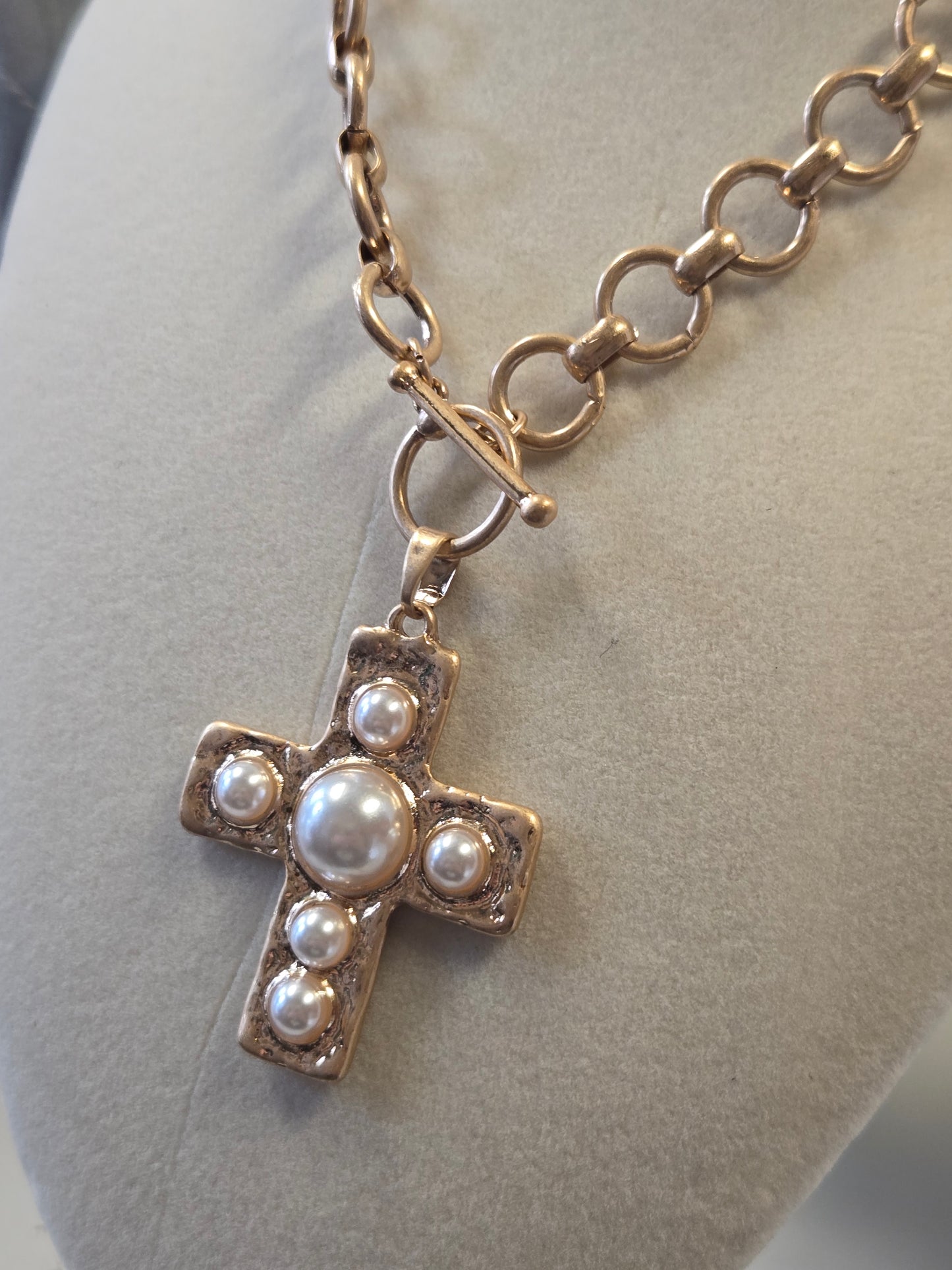 Gold Gross With Pearl Accent Necklace
