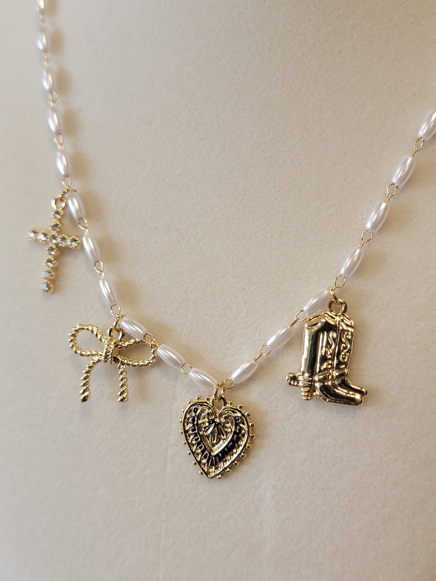 Gold Rice Pearl Necklace with Charms