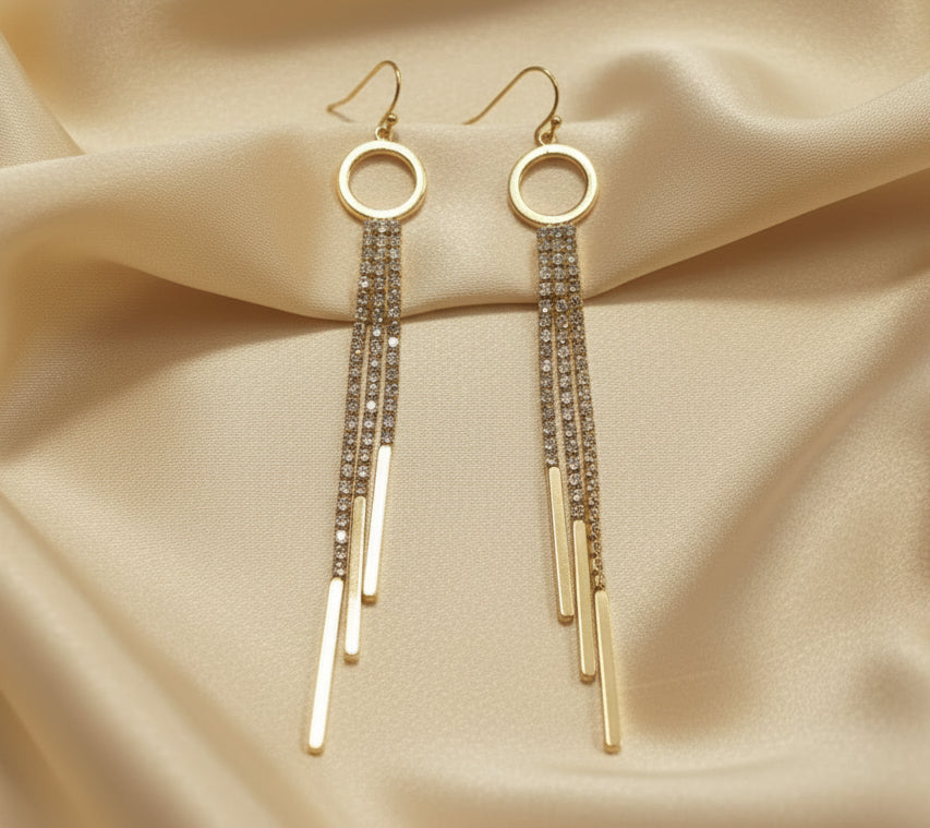 Gold Open Circle with Rhinestone Tassel Earrings