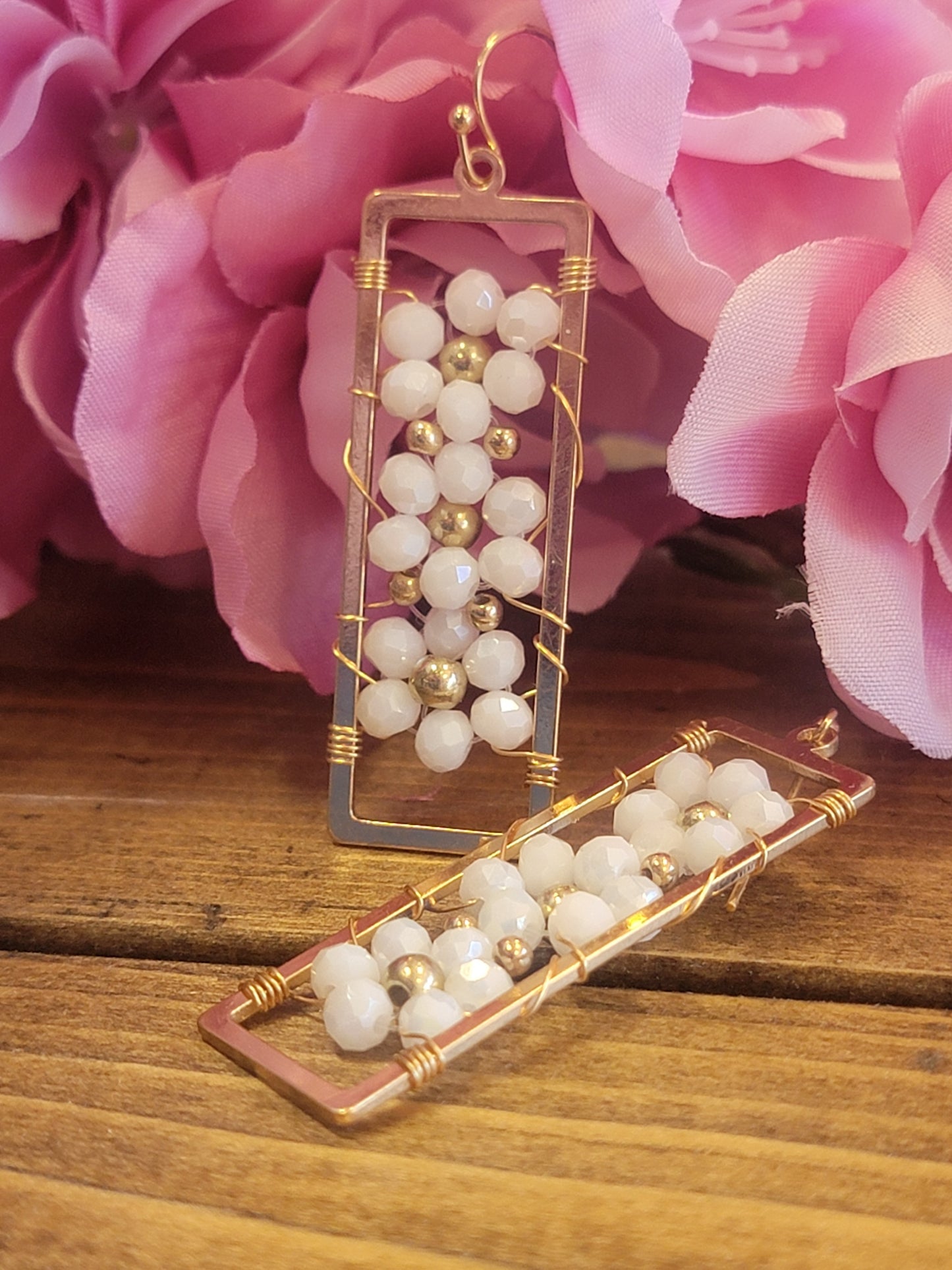 Crystal Flower Open Rectangle Earrings