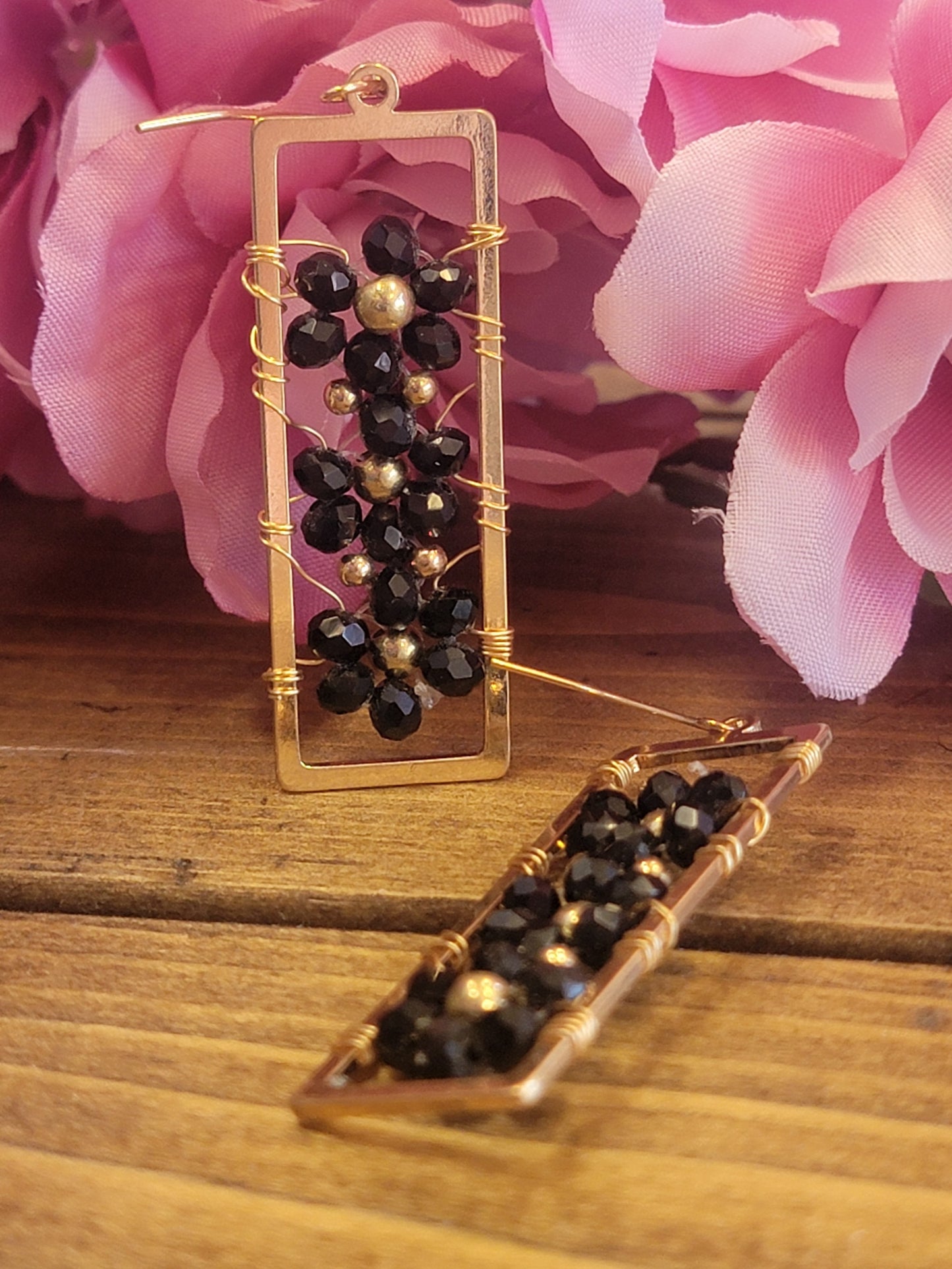 Crystal Flower Open Rectangle Earrings