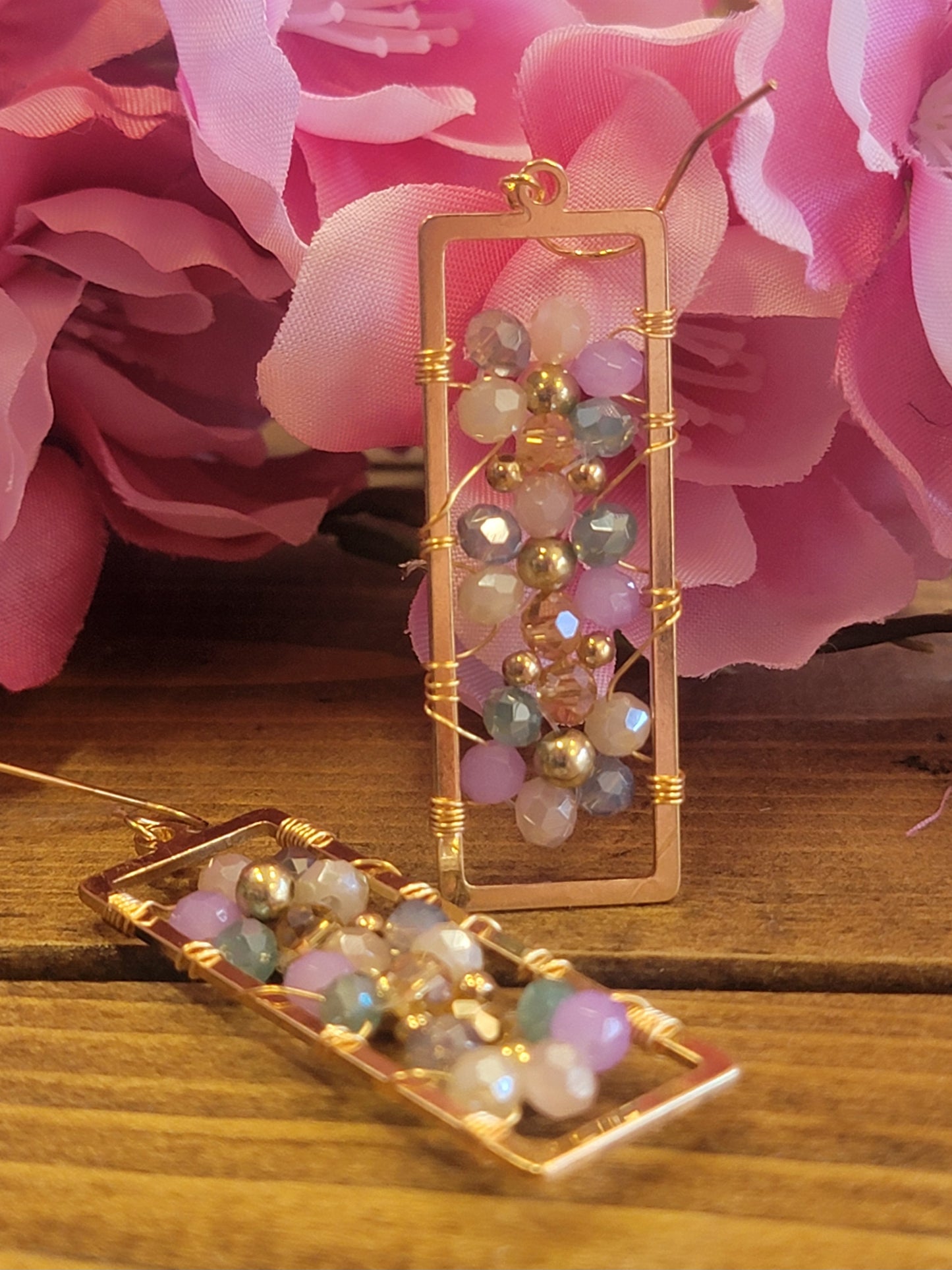 Crystal Flower Open Rectangle Earrings