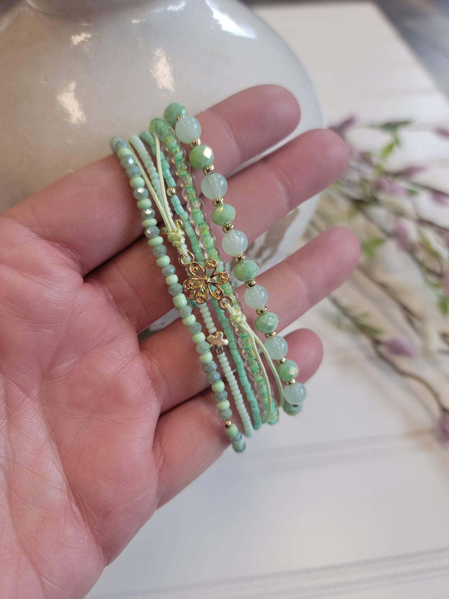 6 Strand Green Beaded Bracelet Set