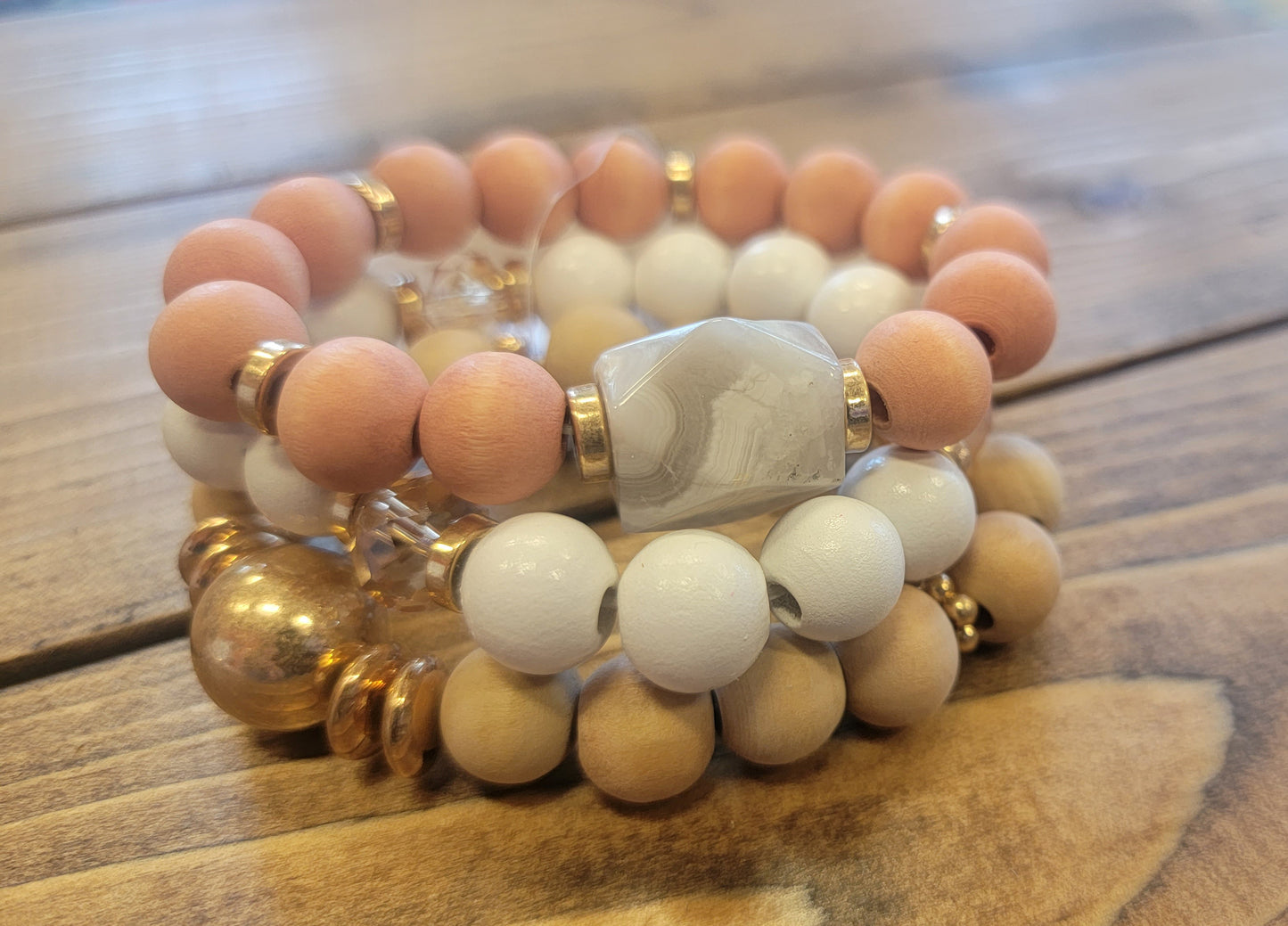 Wood & Glass Stone Stretch Bracelet