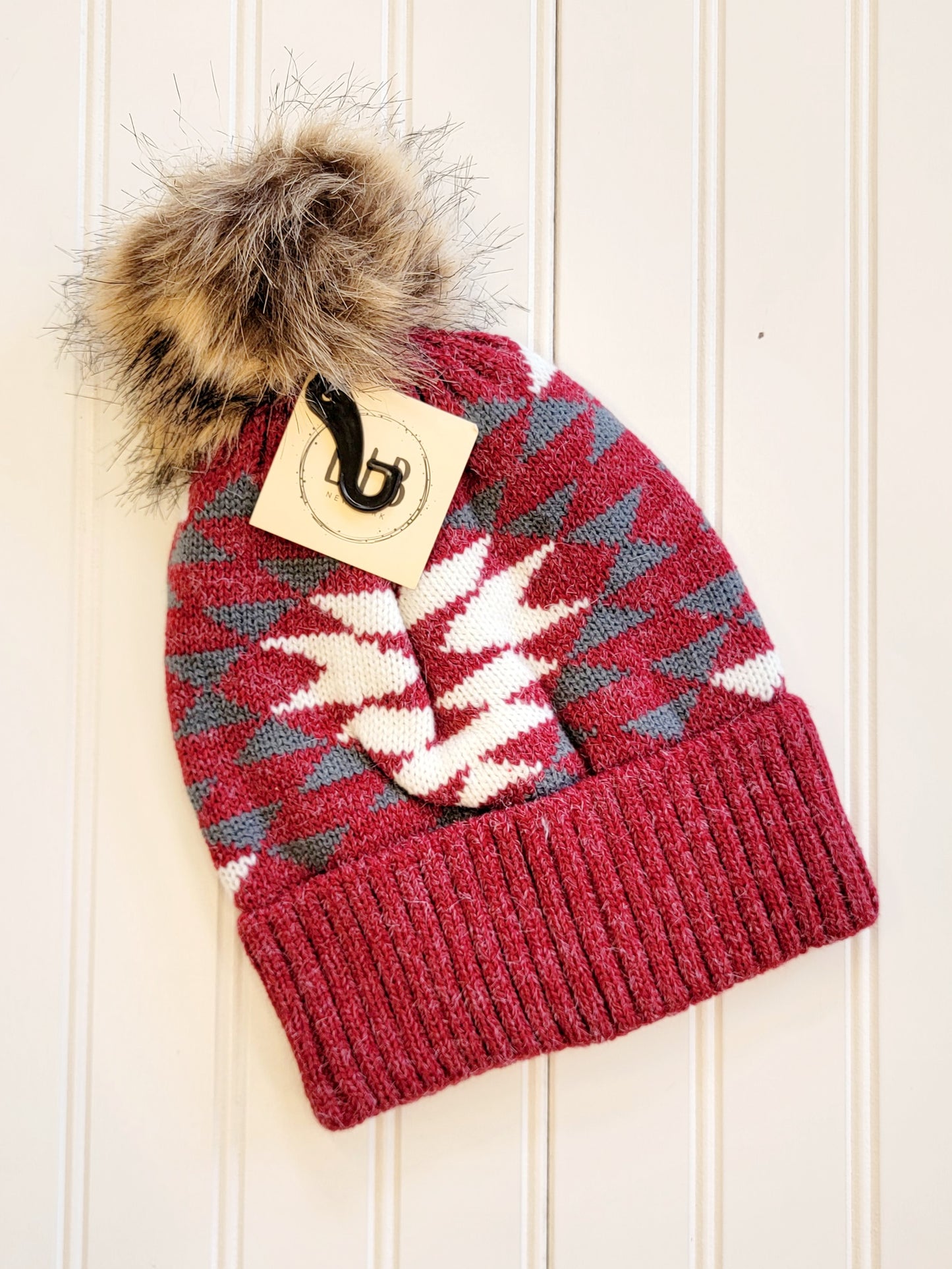 Western Knit Beanie with Faux Fur Pom