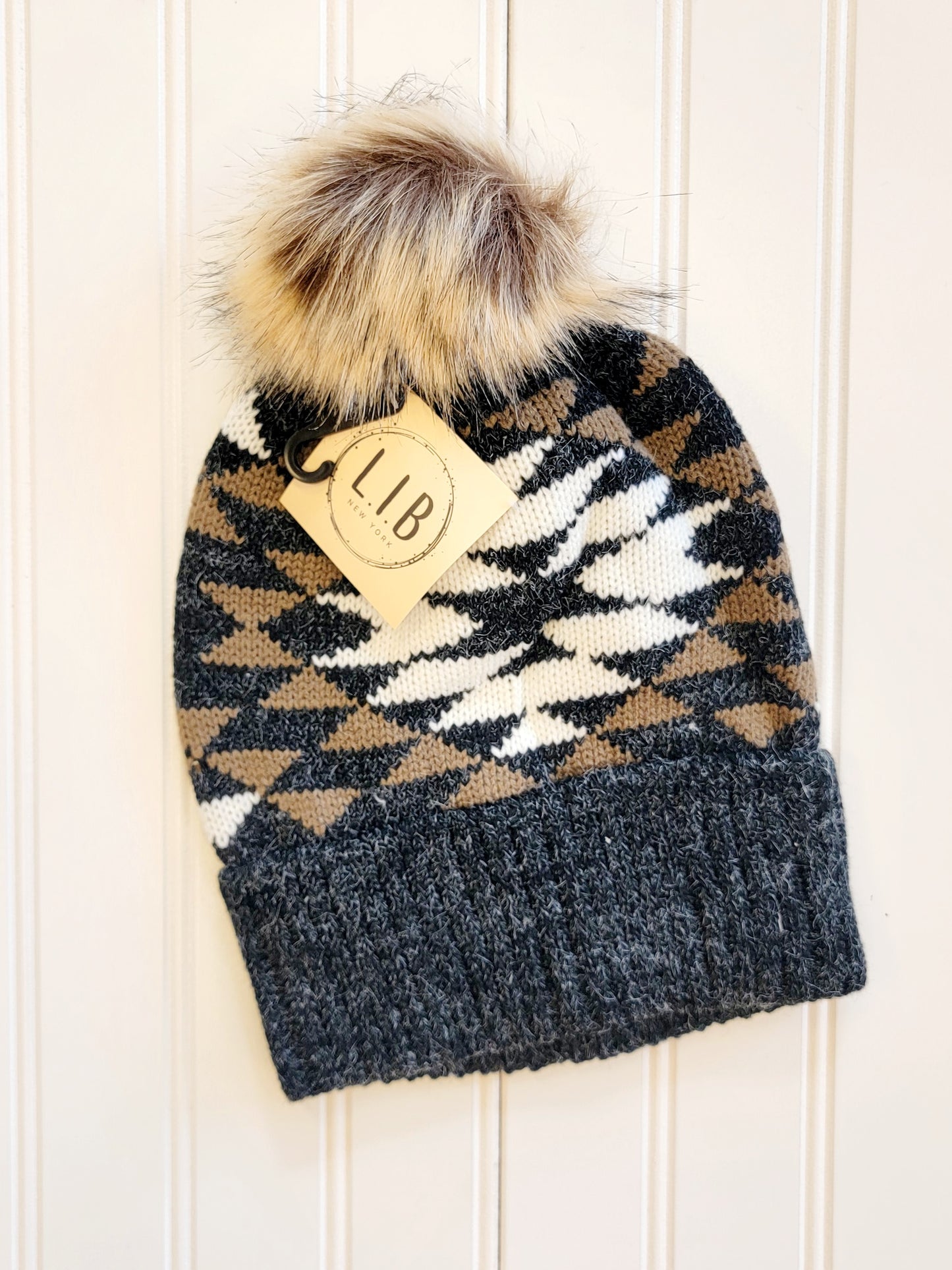 Western Knit Beanie with Faux Fur Pom