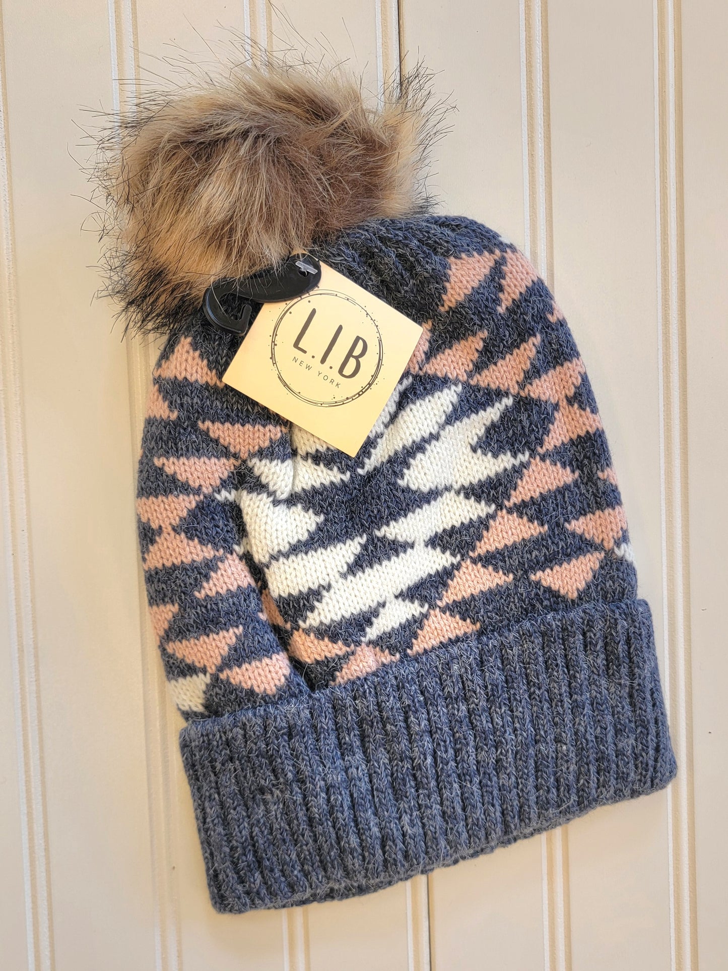 Western Knit Beanie with Faux Fur Pom