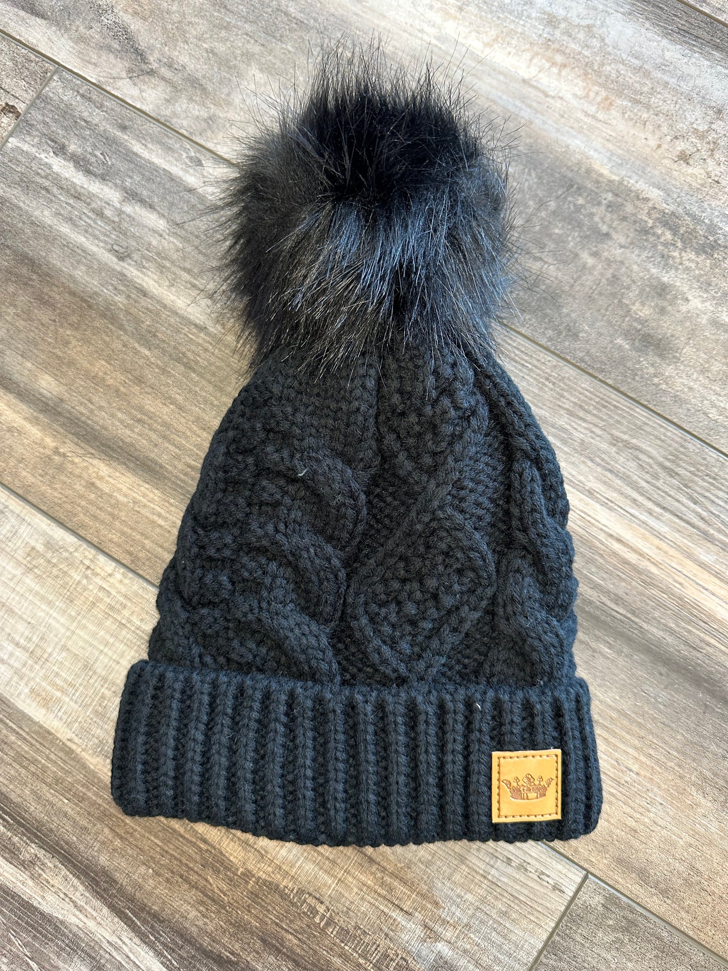 Kids Black Knit Pom Beanie