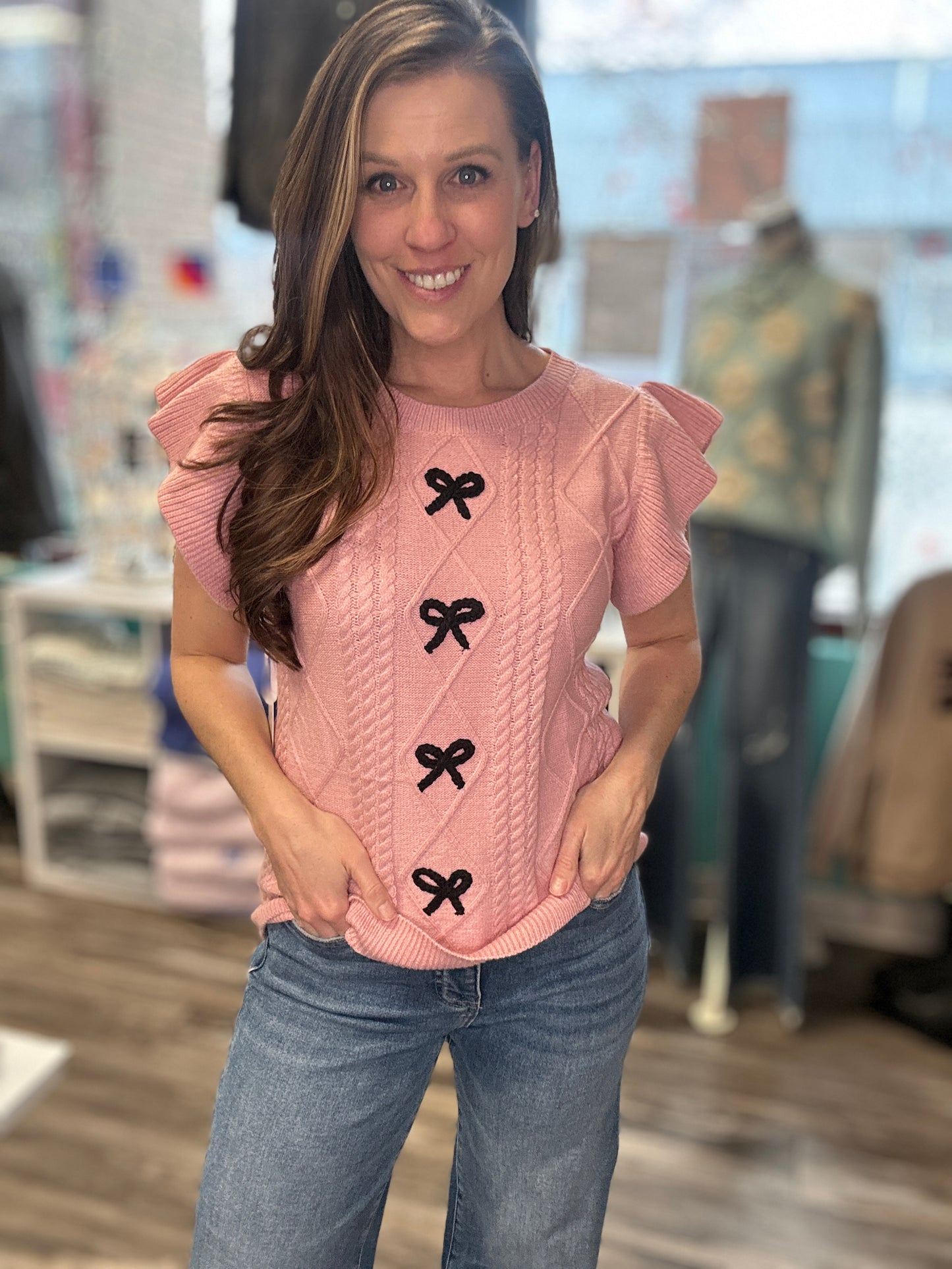 Pink Ruffle Sleeve Knitted Top