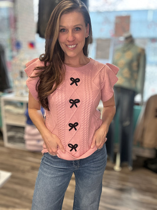 Pink Ruffle Sleeve Knitted Top