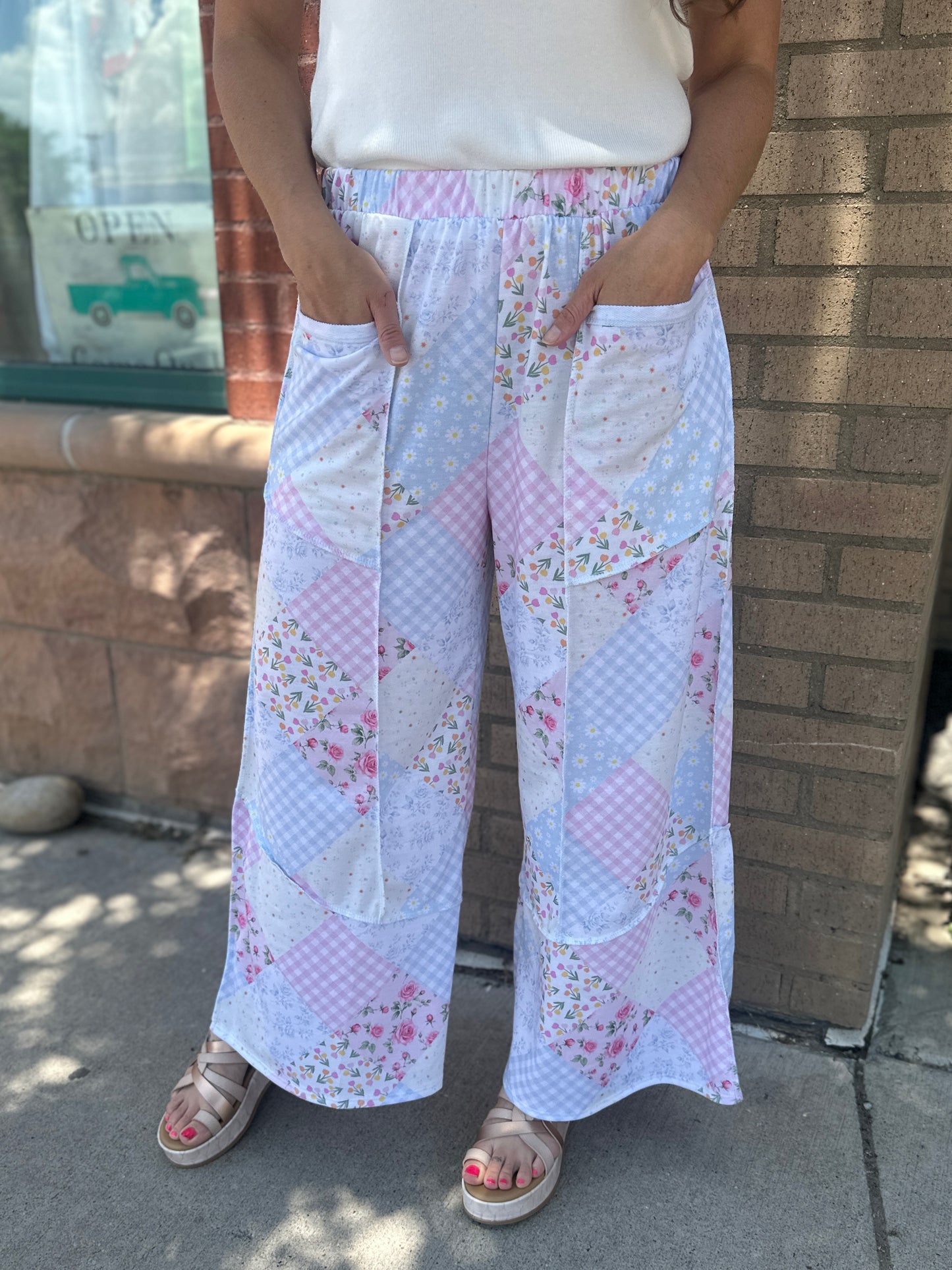 Floral Patchwork Reverse Stitch Wide Leg Pants