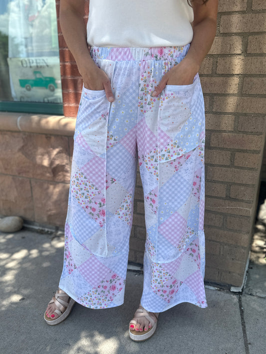 Floral Patchwork Reverse Stitch Wide Leg Pants
