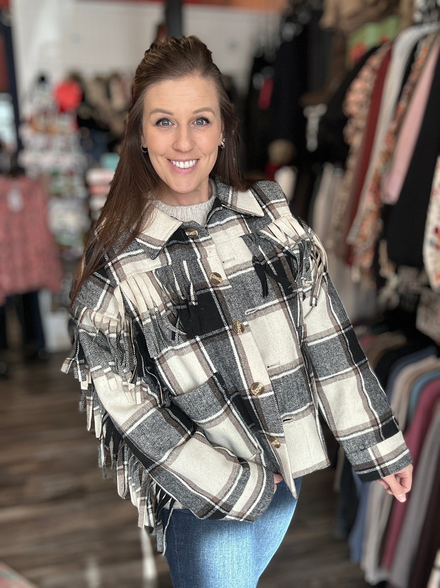Wool Fringe Plaid Jacket