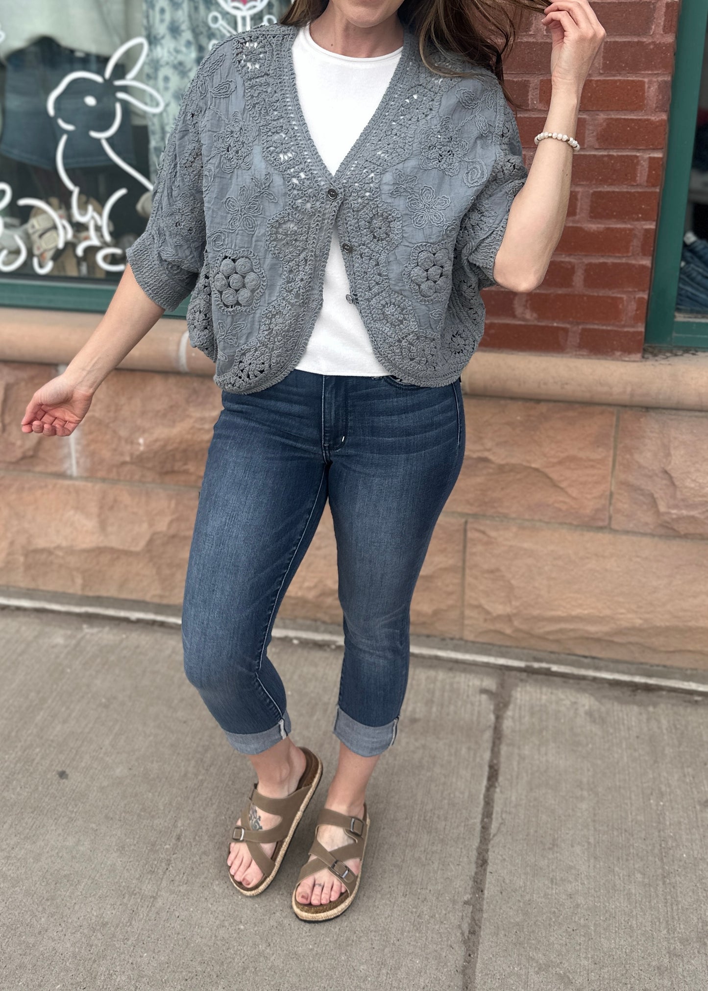 Grey Crochet Cropped Cardigan