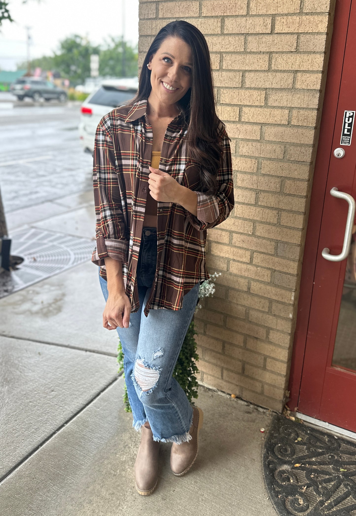 Brown and Orange Plaid Button Down