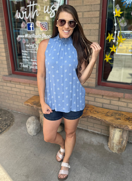 Blue Mock Neck Sleeveless Top