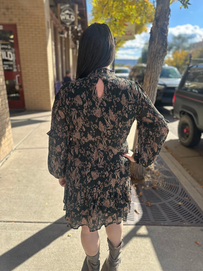 Green and Brown Floral Midi Dress