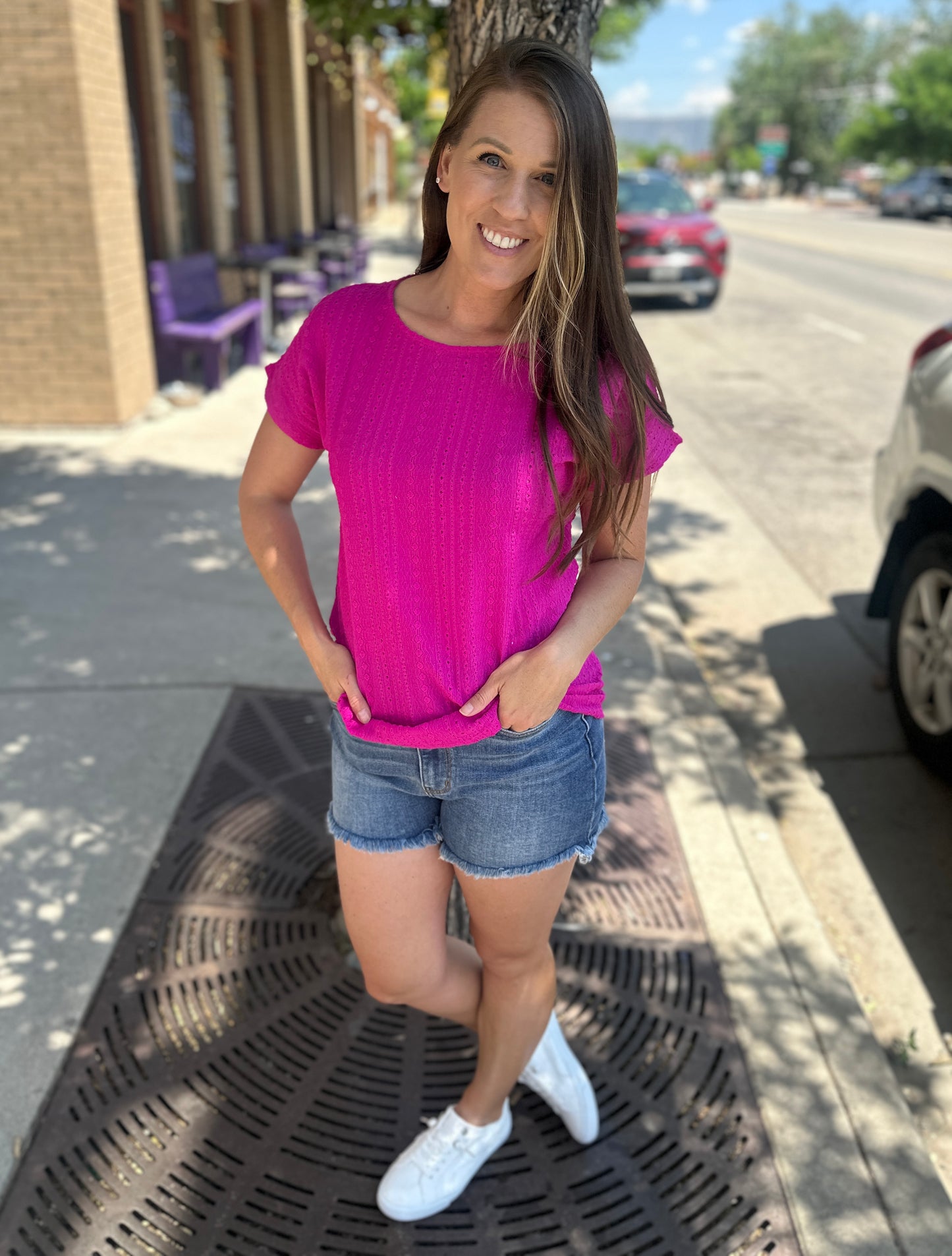 Magenta Eyelet Short Sleeve