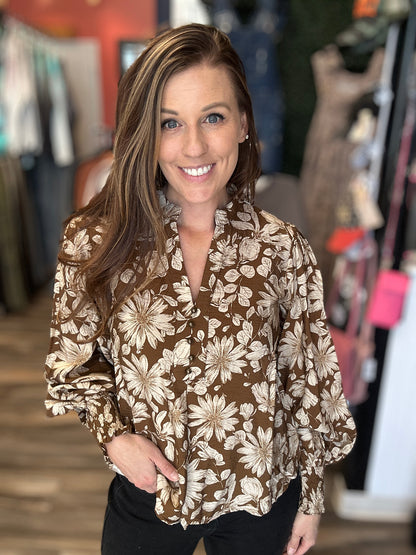 Mocha Floral Long Sleeve Blouse