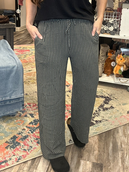 Olive Striped Linen Wide Leg Pants
