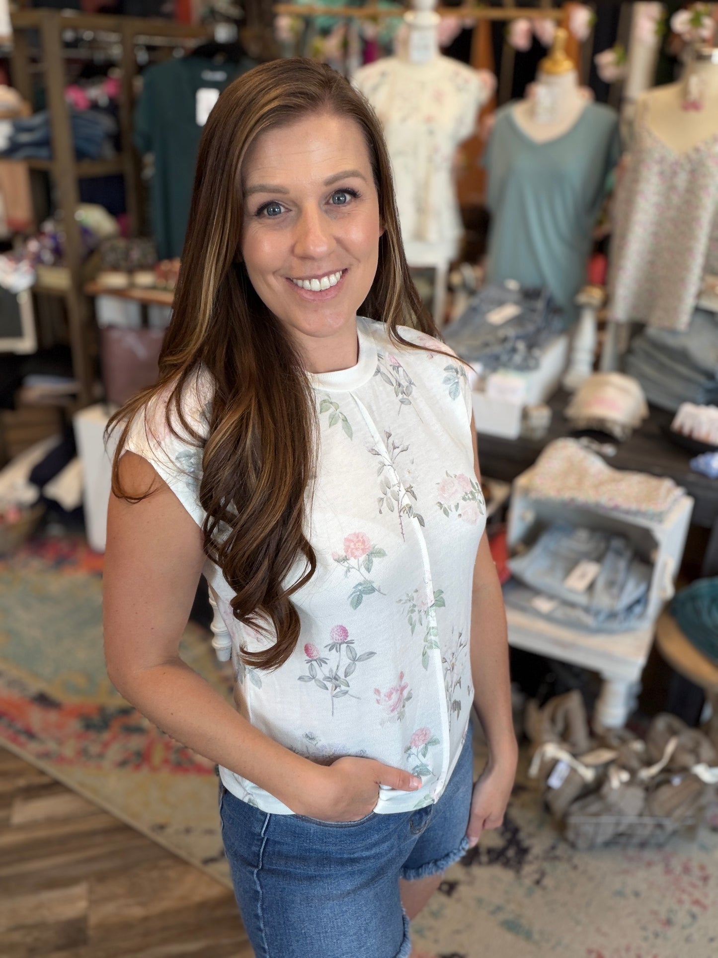 White Floral Sleeveless Top