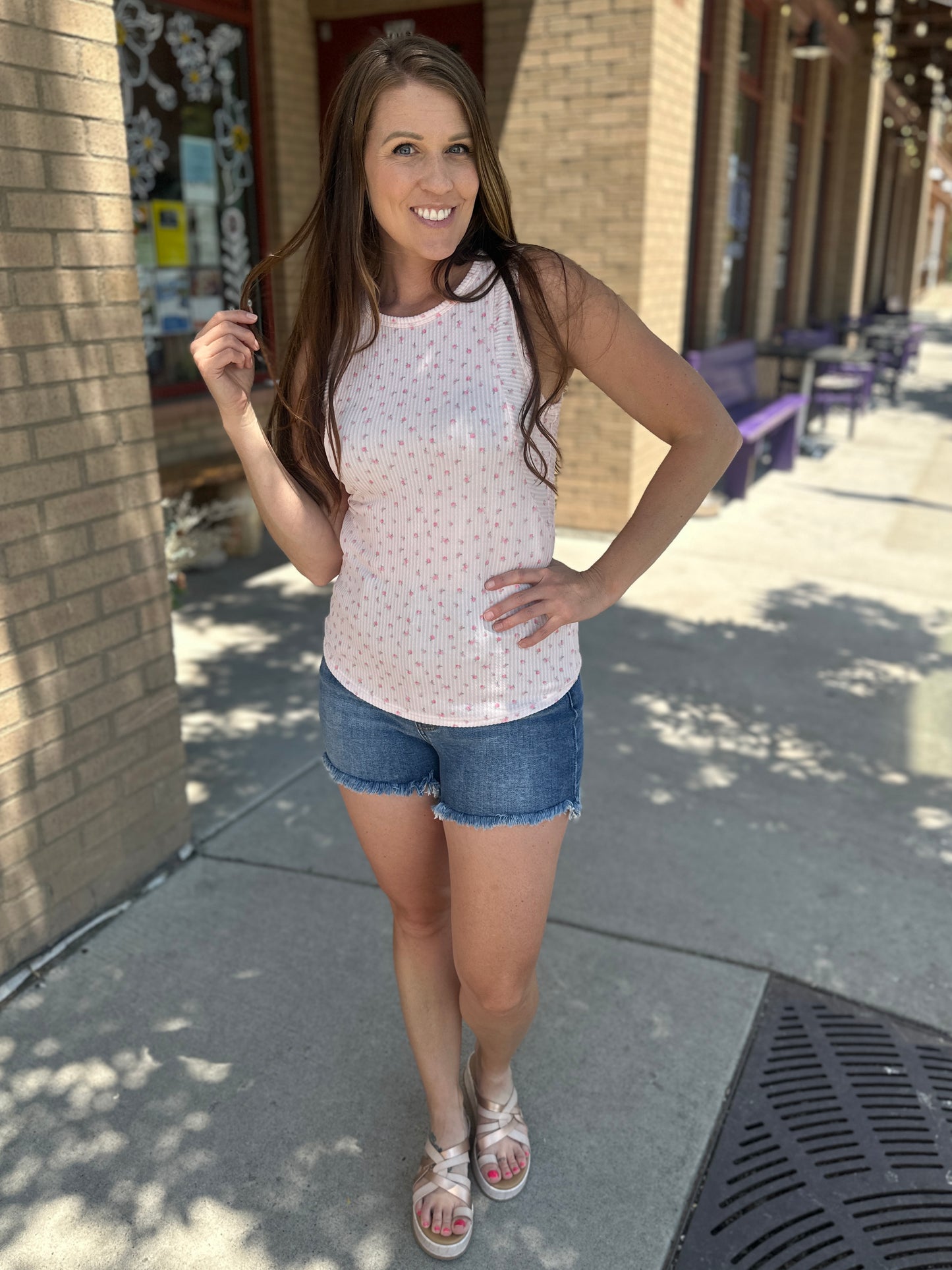 Pink Ribbed Floral Tank