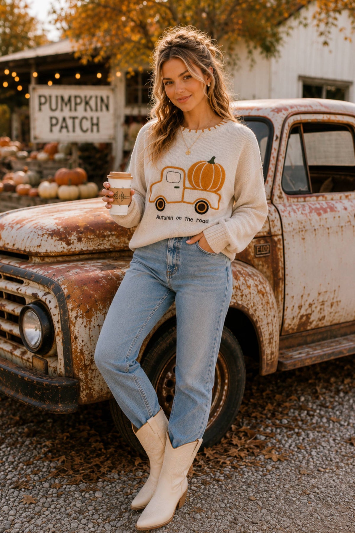 Autumn on the Road Pumpkin Truck Graphic Sweater
