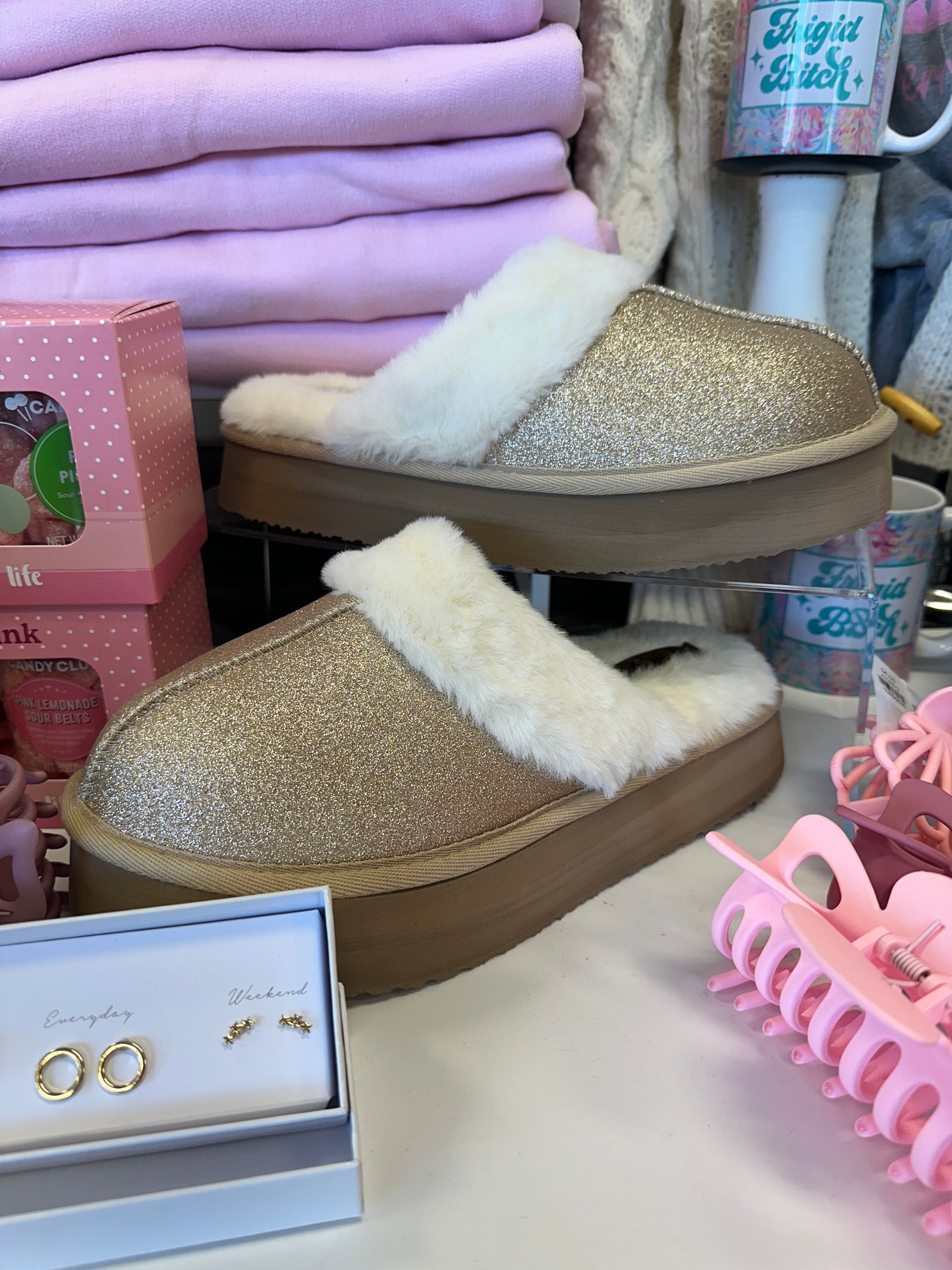 Champagne Faux Fur Platform Slippers