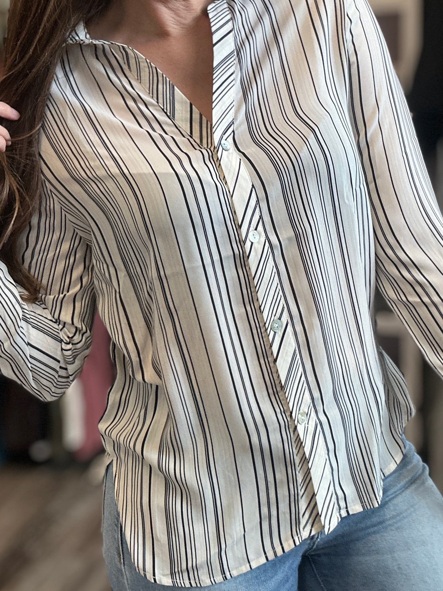 Sheer Ivory and Black Stripe Button Down Long Sleeve