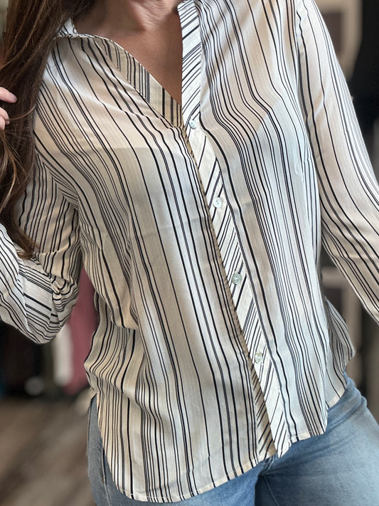 Sheer Ivory and Black Stripe Button Down Long Sleeve