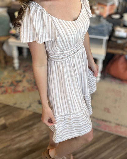 Flutter Sleeve Stripe Linen Dress