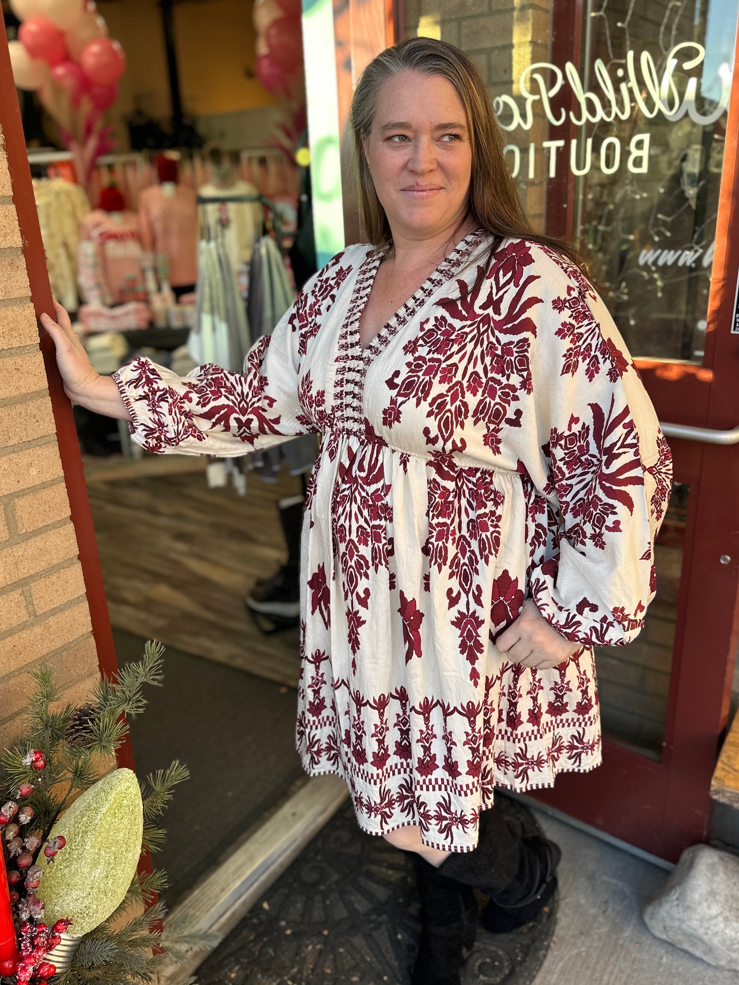 Burgundy Floral Midi Dress