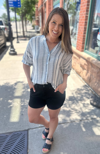 Striped V-Neck Yarn Dye Short Sleeve