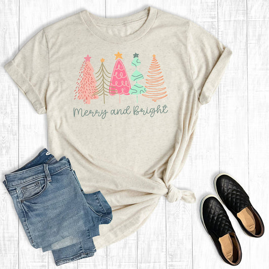 Merry and Bright Pink Christmas Trees Graphic Tee