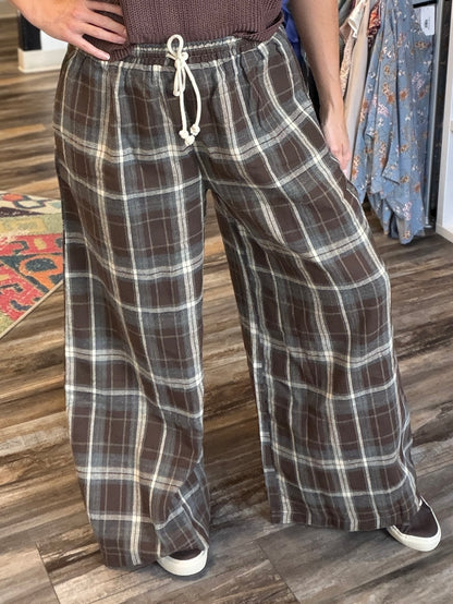 Chocolate Plaid Wide Leg Pants