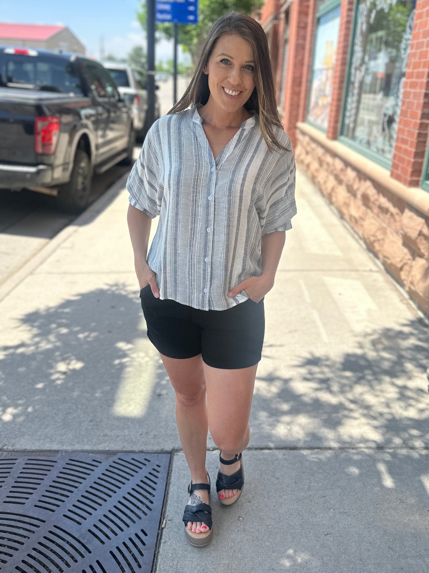 Striped V-Neck Yarn Dye Short Sleeve