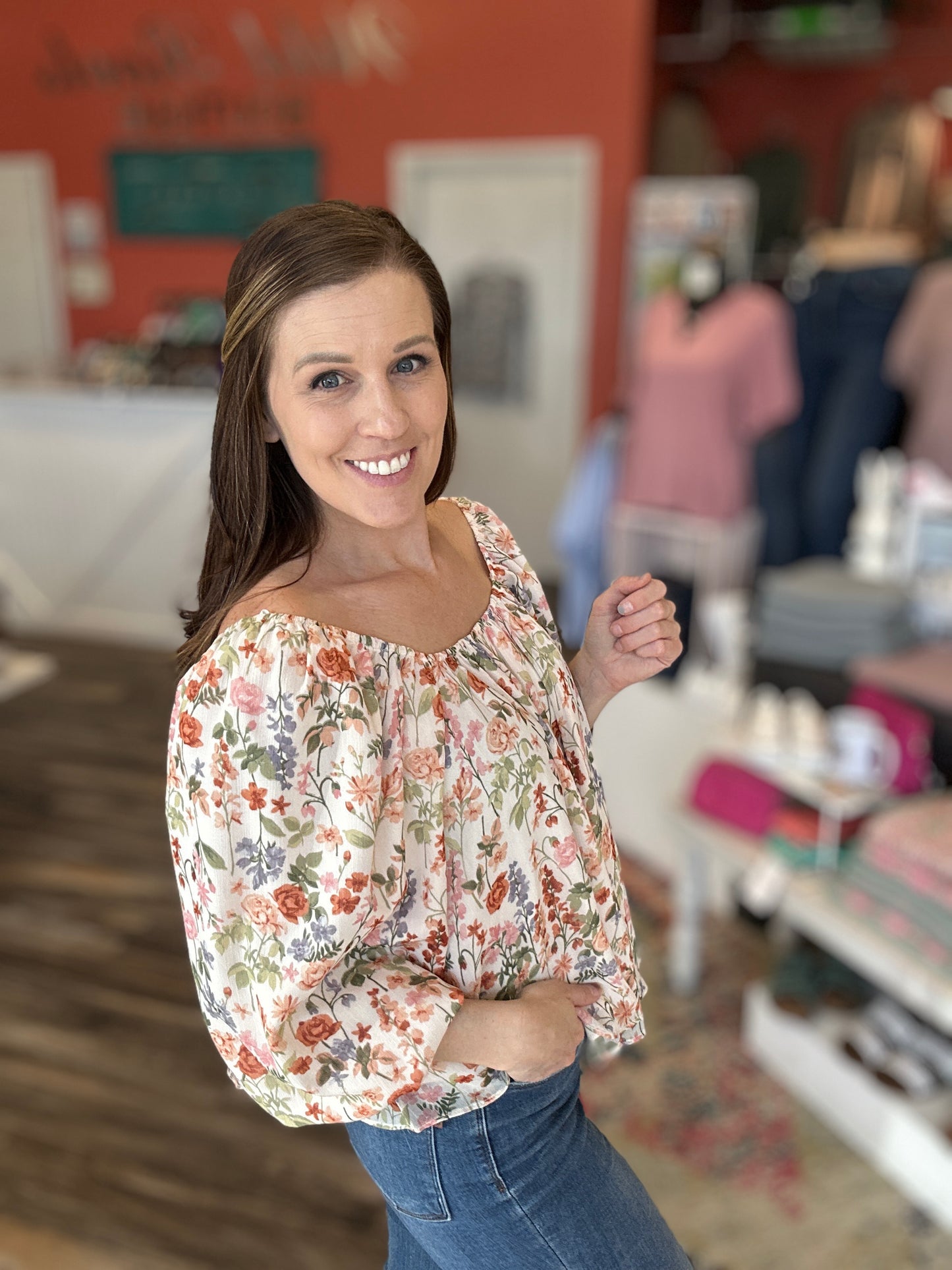Square Neck Balloon Sleeve Floral Shirt