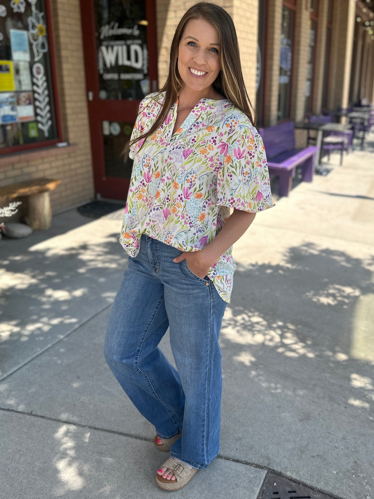 Notch Neck Puff Sleeve Floral Woven Top