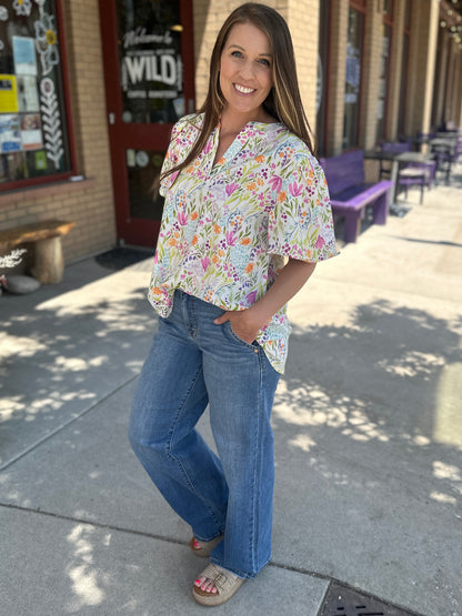 Notch Neck Puff Sleeve Floral Woven Top