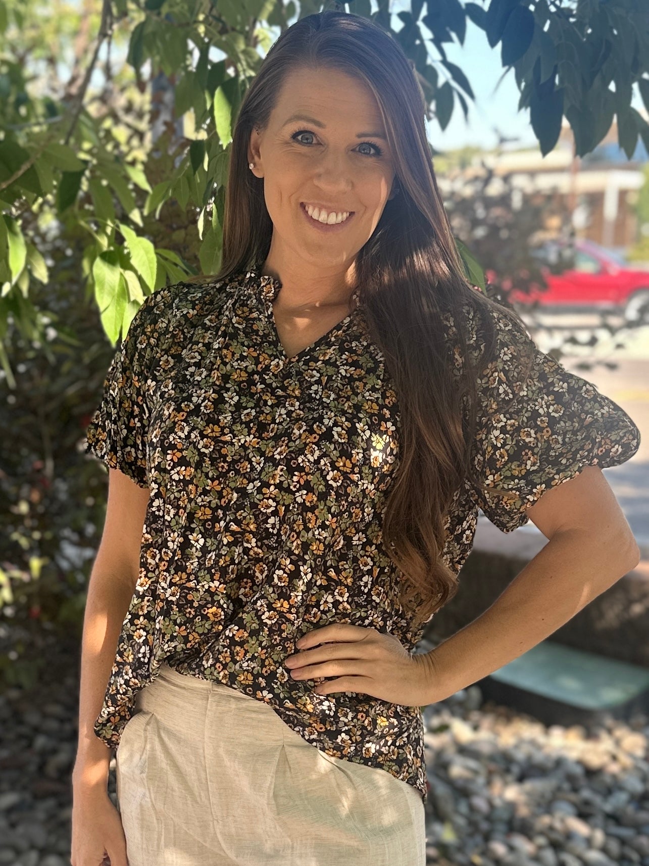 Black Floral Puff Sleeve Blouse