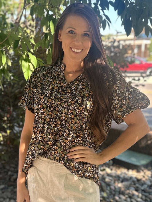 Black Floral Puff Sleeve Blouse