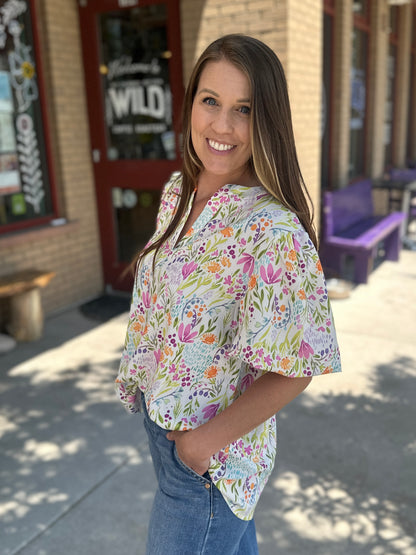 Notch Neck Puff Sleeve Floral Woven Top