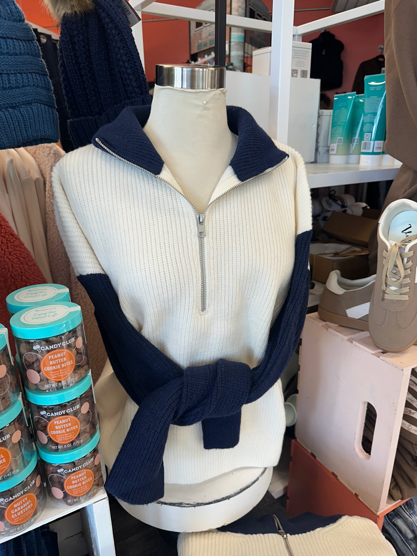 Color Block Ribbed 1/4 Zip Knit Sweater