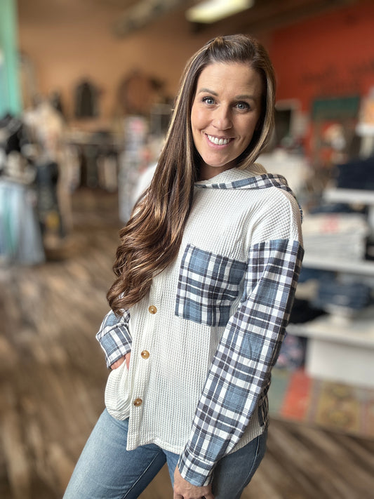 Plaid Contrast Button Down Hoodie