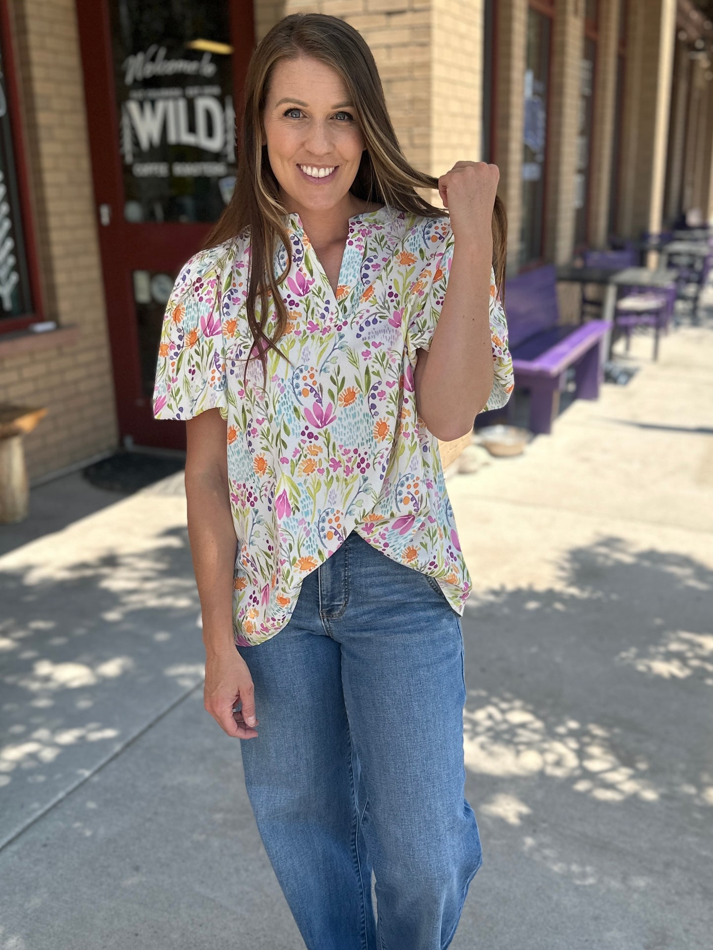 Notch Neck Puff Sleeve Floral Woven Top